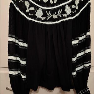 Anthropologie Maeve Black Blouse with White Embroidery